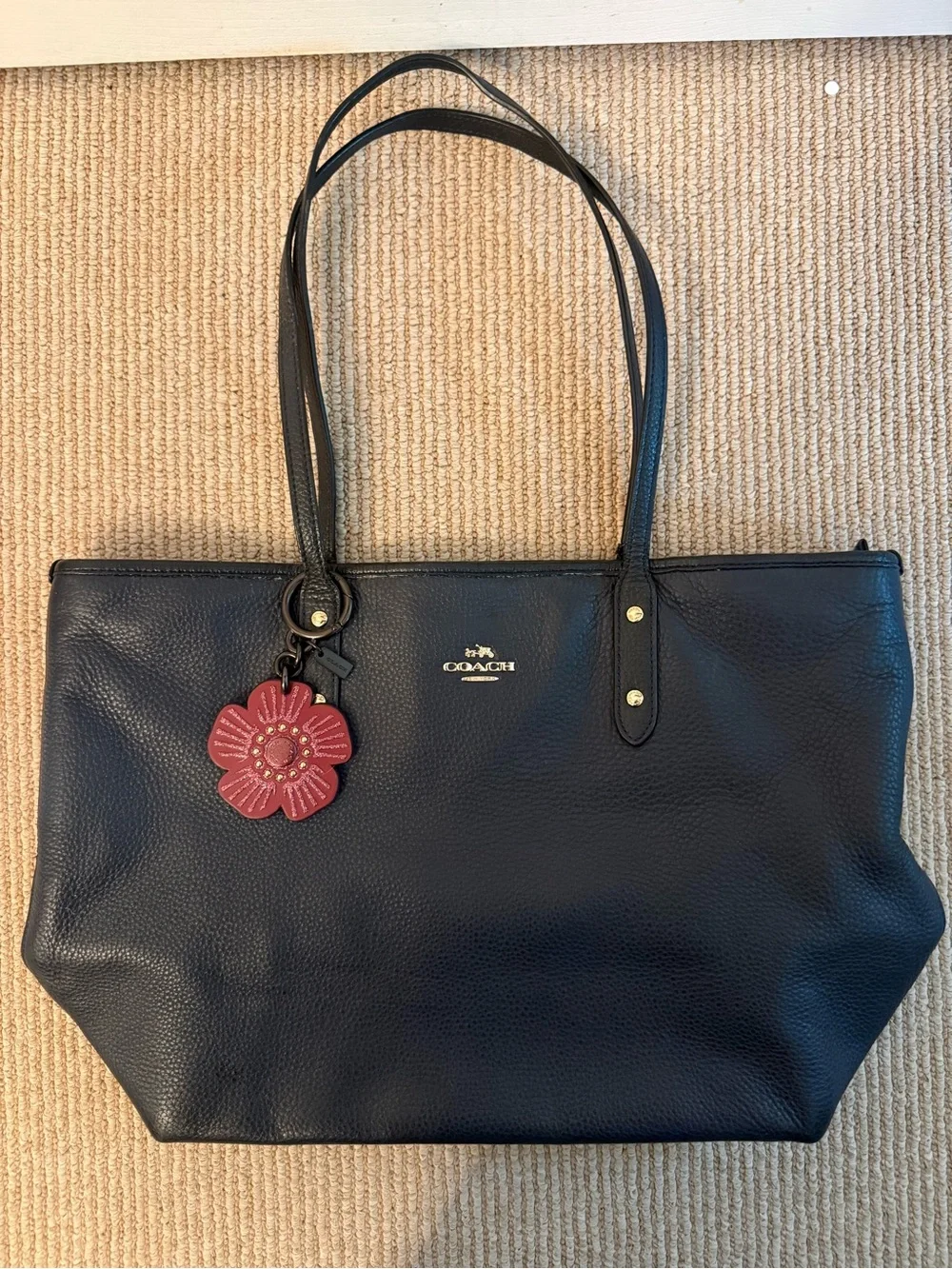 Coach Black Pebbled Leather Tote with Red Flower Charm